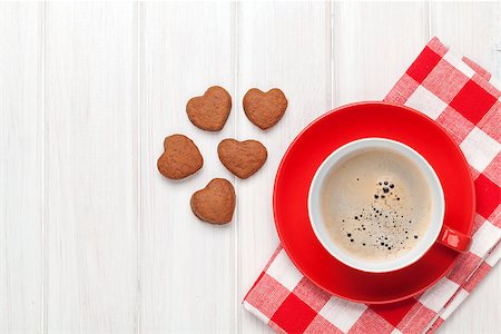 Valentines day heart shaped cookies and red coffee cup. View from above with copy space Stock Photo - Budget Royalty-Free & Subscription, Code: 400-07925319