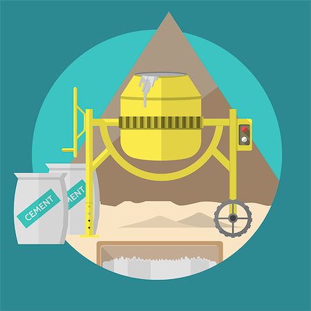 simsearch:400-08290594,k - Building site with yellow concrete mixer, two gray cement bags and sand. Circle flat colored vector illustration on blue background. Photographie de stock - Aubaine LD & Abonnement, Code: 400-07925575
