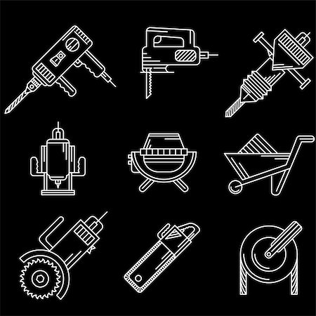 simsearch:400-08553696,k - White contour icons vector collection of tools and equipment for construction on black background. Fotografie stock - Microstock e Abbonamento, Codice: 400-07925577