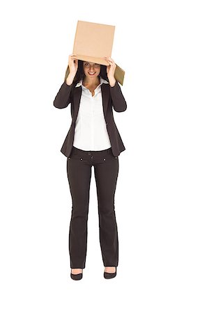 Businesswoman lifting box off head on white background Stock Photo - Budget Royalty-Free & Subscription, Code: 400-07926915