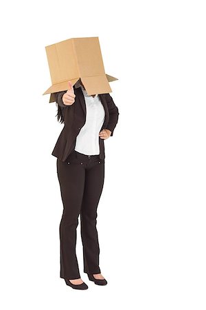 Businesswoman showing thumbs up with box over head on white background Stock Photo - Budget Royalty-Free & Subscription, Code: 400-07926910