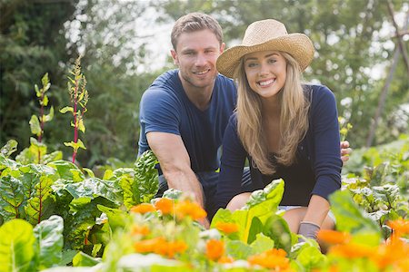 simsearch:400-07927044,k - Cute couple gardening on sunny day at home in the garden Stock Photo - Budget Royalty-Free & Subscription, Code: 400-07927012