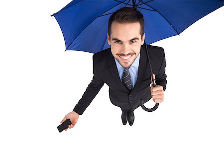 simsearch:400-07141016,k - Smiling businessman under umbrella holding smartphone on white background Stockbilder - Microstock & Abonnement, Bildnummer: 400-07927419