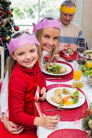 senior woman at christmas parties - Little girl and mother in party hat smiling at camera at home in the living room Stock Photo - Budget Royalty-Free & Subscription, Code: 400-07928309