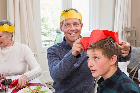 senior woman at christmas parties - Smiling father putting party hat on sons head at home in the living room Stock Photo - Budget Royalty-Free & Subscription, Code: 400-07928310