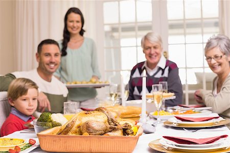 simsearch:400-07928326,k - Woman holding christmas dinner with family at dinning table at home in the living room Photographie de stock - Aubaine LD & Abonnement, Code: 400-07928917