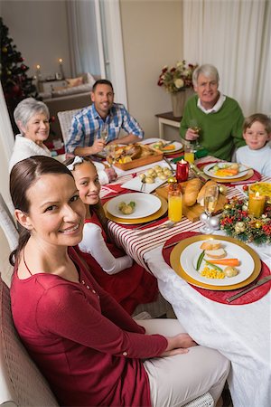 simsearch:400-07929054,k - Festive family smiling at camera during christmas dinner at home in the living room Stock Photo - Budget Royalty-Free & Subscription, Code: 400-07929041