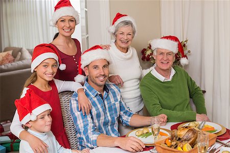 simsearch:400-07929054,k - Happy extended family in santa hat looking at camera at home in the living room Stock Photo - Budget Royalty-Free & Subscription, Code: 400-07929063