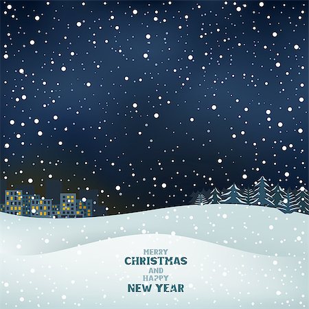 snowy night at home - The night winter Christmas background, snow, forest and the city on the horizon Stock Photo - Budget Royalty-Free & Subscription, Code: 400-07920662