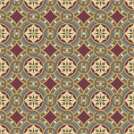 Editable seamless vintage tile set in ochre, brown, black, red, blue colors. THe main element is a flower in circles. Stock Photo - Budget Royalty-Free & Subscription, Code: 400-07920868