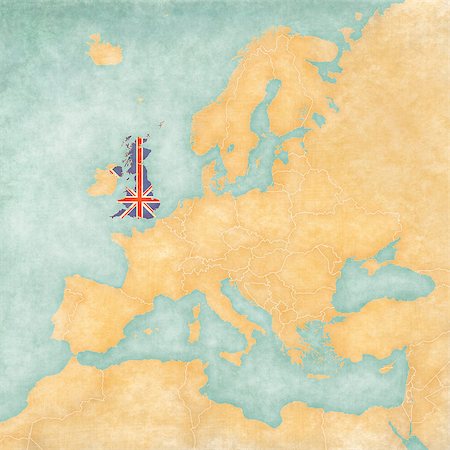simsearch:400-08198206,k - United Kingdom (British flag) on the map of Europe. The Map is in vintage summer style and sunny mood. The map has a soft grunge and vintage atmosphere, which acts as watercolor painting on old paper. Photographie de stock - Aubaine LD & Abonnement, Code: 400-07920993