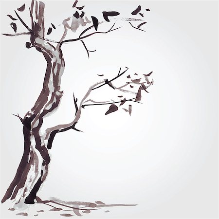 simsearch:400-04576608,k - Old tree in Chinese style. Vector hand drawn illustration. Stock Photo - Budget Royalty-Free & Subscription, Code: 400-07921235