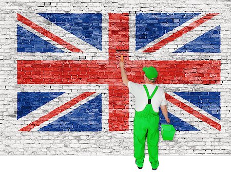 simsearch:400-07933897,k - Professional house painter covers brick wall with british flag Fotografie stock - Microstock e Abbonamento, Codice: 400-07921284