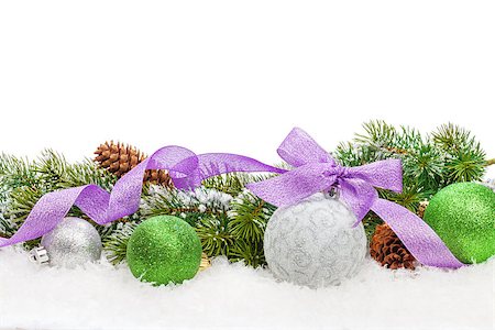 simsearch:400-07933751,k - Christmas decor and snow fir tree. Isolated on white background with copy space Photographie de stock - Aubaine LD & Abonnement, Code: 400-07921385