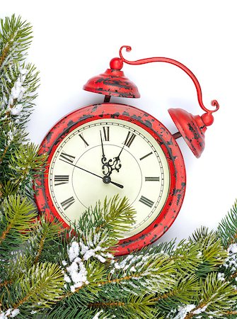 Christmas background with clock, snow fir tree. Isolated on white background Photographie de stock - Aubaine LD & Abonnement, Code: 400-07921399