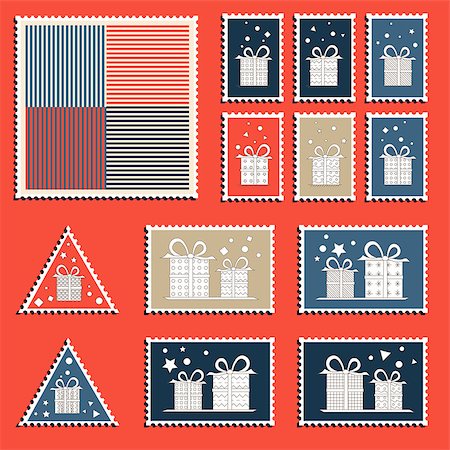 simsearch:400-08712804,k - Large set of colorful CHristmas postage stamps. with present boxes. Vintage New Year decoration elements. Gift box package. Stock Photo - Budget Royalty-Free & Subscription, Code: 400-07921771