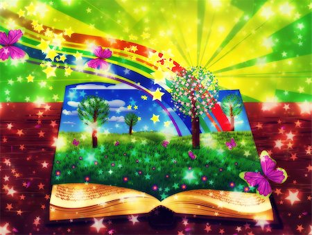 simsearch:400-04284665,k - Open book with grass field, butterflies and abstract rainbow. Stock Photo - Budget Royalty-Free & Subscription, Code: 400-07922007