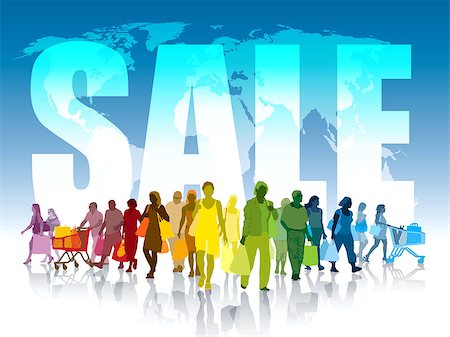simsearch:400-07924838,k - Colorful crowd of shopping people in front of world map and white large word - sale. Foto de stock - Super Valor sin royalties y Suscripción, Código: 400-07922560