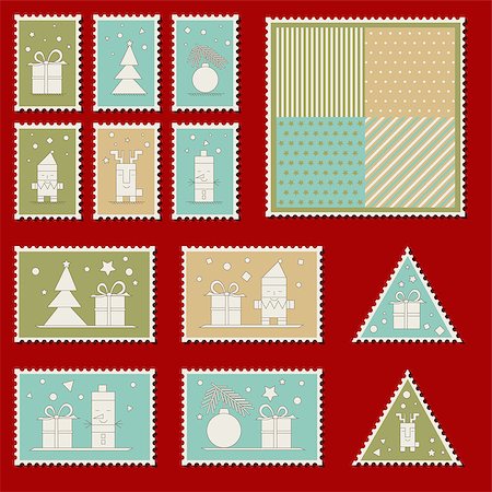 simsearch:400-08712804,k - Large set of colorful Christmas postage stamps. with present boxes. Vintage New Year decoration elements. Gift box package. Stock Photo - Budget Royalty-Free & Subscription, Code: 400-07922628