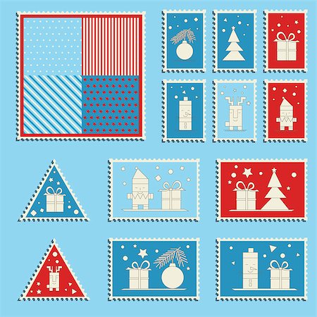 simsearch:400-08712804,k - Large set of colorful Christmas postage stamps. with present boxes. Vintage New Year decoration elements. Gift box package. Stock Photo - Budget Royalty-Free & Subscription, Code: 400-07922642