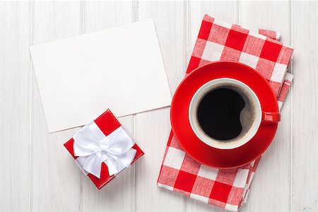 simsearch:400-07662543,k - Valentines day greeting card, gift box and coffee cup over white wooden table Stock Photo - Budget Royalty-Free & Subscription, Code: 400-07922902