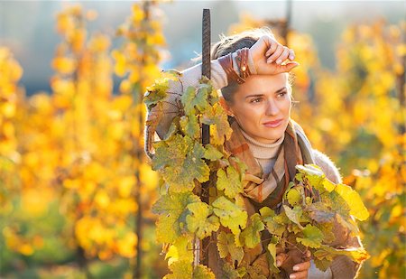 simsearch:400-06520162,k - Portrait of thoughtful young woman standing in autumn vineyard Stock Photo - Budget Royalty-Free & Subscription, Code: 400-07922989