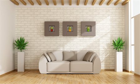 simsearch:400-07981410,k - Contemporary living room with sofa against brick wall - 3D Rendering Stock Photo - Budget Royalty-Free & Subscription, Code: 400-07923534