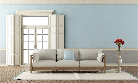 Classic living room with closed window and elegant sofa - 3D Rendering Stockbilder - Microstock & Abonnement, Bildnummer: 400-07923532