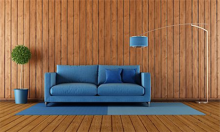 simsearch:400-06795753,k - Living room with blue sofa against wooden wall - 3D Rendering Stock Photo - Budget Royalty-Free & Subscription, Code: 400-07923533