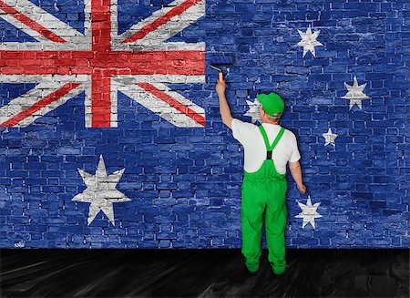 simsearch:400-08403526,k - Australian flag painted over old brick wall by house painter Fotografie stock - Microstock e Abbonamento, Codice: 400-07923967