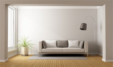 Minimalist living room with sofa on carpet - 3D Rendering Stockbilder - Microstock & Abonnement, Bildnummer: 400-07934104