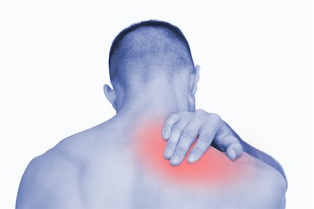 simsearch:6109-06684724,k - Rear view of shirtless man with neck pain over white background Stock Photo - Budget Royalty-Free & Subscription, Code: 400-07934276