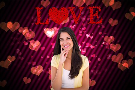 simsearch:400-07957805,k - Happy casual woman thinking with hand on chin against digitally generated girly heart design Photographie de stock - Aubaine LD & Abonnement, Code: 400-07934488