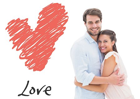 simsearch:400-07957006,k - Attractive young couple hugging and smiling at camera against love heart Stock Photo - Budget Royalty-Free & Subscription, Code: 400-07934612