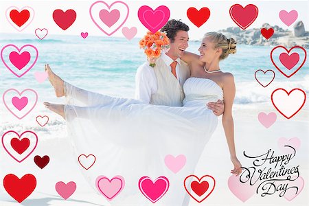 simsearch:400-07664797,k - Handsome groom carrying his beautiful blonde wife against happy valentines day Stock Photo - Budget Royalty-Free & Subscription, Code: 400-07934947