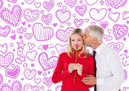 simsearch:400-07957805,k - Handsome man giving his wife a kiss on cheek against heart pattern Photographie de stock - Aubaine LD & Abonnement, Code: 400-07935319