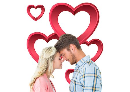 simsearch:400-07686534,k - Attractive couple standing touching heads against pink hearts Foto de stock - Royalty-Free Super Valor e Assinatura, Número: 400-07935368