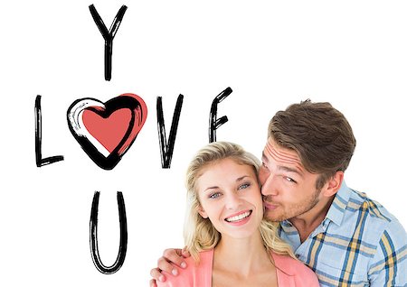 simsearch:400-07686534,k - Handsome man kissing girlfriend on cheek against cute valentines message Foto de stock - Royalty-Free Super Valor e Assinatura, Número: 400-07935369