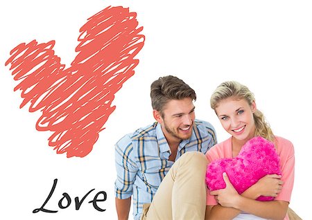 simsearch:400-07726694,k - Attractive young couple sitting holding heart cushion against love heart Foto de stock - Royalty-Free Super Valor e Assinatura, Número: 400-07935379