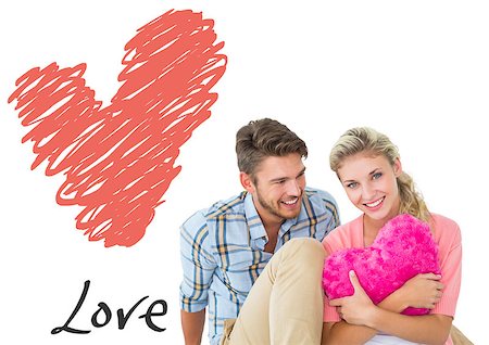 simsearch:400-07726694,k - Attractive young couple sitting holding heart cushion against love heart Foto de stock - Super Valor sin royalties y Suscripción, Código: 400-07935379