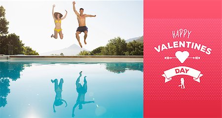 simsearch:400-07583483,k - Cheerful couple jumping into swimming pool against happy valentines day Foto de stock - Royalty-Free Super Valor e Assinatura, Número: 400-07935407