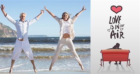 Happy couple jumping on the beach together against love is in the air Stock Photo - Budget Royalty-Free & Subscription, Code: 400-07935575