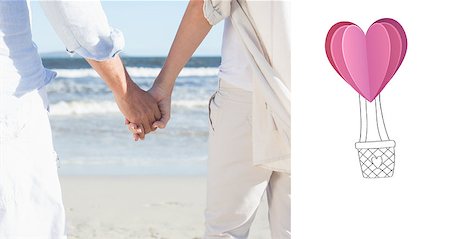 simsearch:400-07957006,k - Couple on the beach looking out to sea holding hands against heart hot air balloon Stock Photo - Budget Royalty-Free & Subscription, Code: 400-07935581