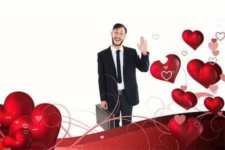 Geeky businessman waving at camera against valentines heart design Stock Photo - Budget Royalty-Free & Subscription, Code: 400-07935845