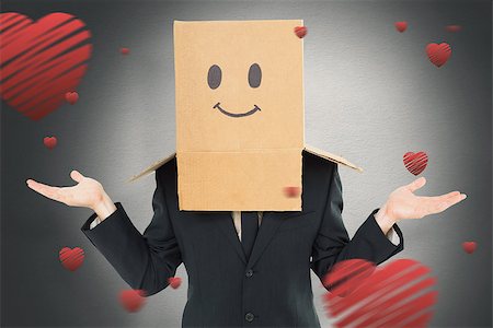 shoulder shrug - Businessman shrugging with box on head  against white background with vignette Stock Photo - Budget Royalty-Free & Subscription, Code: 400-07935841