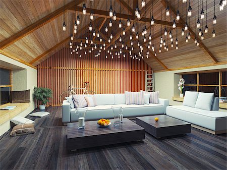 beautiful modern interior loft in the evening. 3d concept design. Stock Photo - Budget Royalty-Free & Subscription, Code: 400-07936393