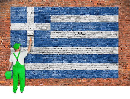 simsearch:400-07933897,k - House painter paints flag of Greece on old brick wall Fotografie stock - Microstock e Abbonamento, Codice: 400-07936541