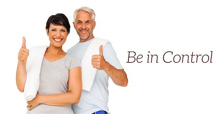 exercise for women over 50 years old - Portrait of a happy fit couple gesturing thumbs up over white background Stock Photo - Budget Royalty-Free & Subscription, Code: 400-07936601