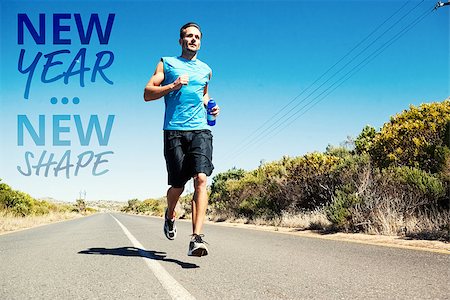 simsearch:400-08017381,k - Athletic man jogging on open road holding bottle  against new year new shape Photographie de stock - Aubaine LD & Abonnement, Code: 400-07936757