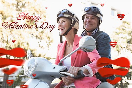 Happy senior couple riding a moped  against cute valentines message Stock Photo - Budget Royalty-Free & Subscription, Code: 400-07936791